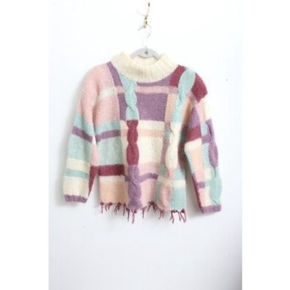 80s VTG Rebecca Stone Chunky Knit Sweater Colorful with Tassels Mohair Small